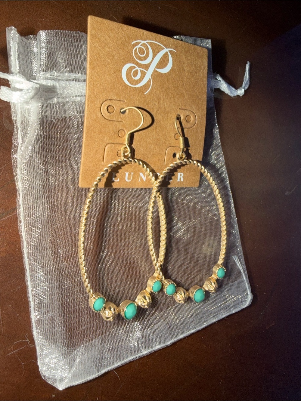 Plunder Gold Twist Oval Earrings with Turquoise Accents